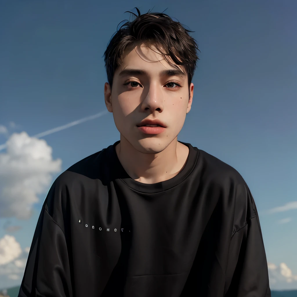 (masterpiece:1.2), (best quality:1.2), hyper realistic,highestres,absurdres,extremely detailed,volumetic,dramatic lighting,(frontal view),
20 year old boy,face,detailed eyes, flat black hoodie, black t-shirt, with background ((sky))