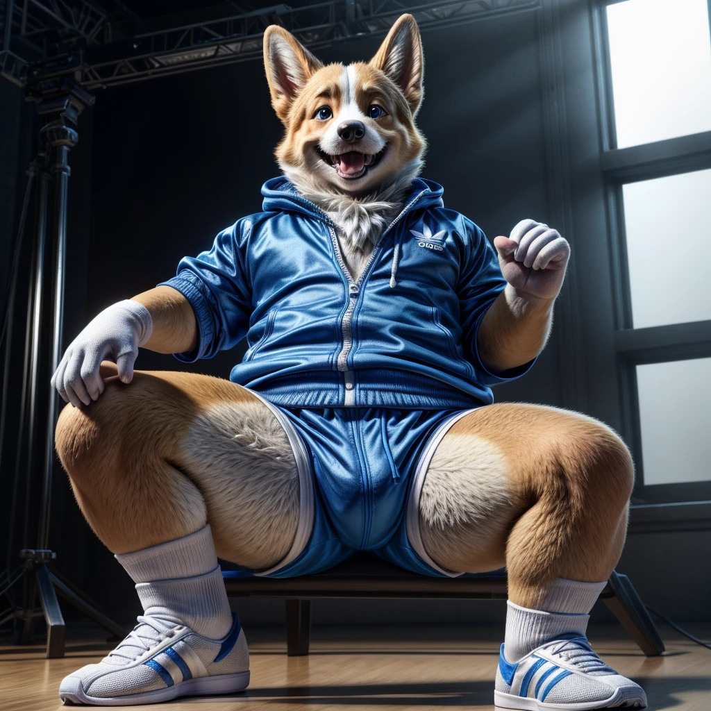 a slightly chubby young male corgi with small human blue eyes, no eyebrows, wearing a dark blue Adidas tracksuit, no pants white briefs, white socks , standing spread legs , highly detailed, realistic, 4k, best quality, masterpiece, studio lighting, vivid colors, physically-based rendering, white hands five finger, wicked grin hands on chest looking down