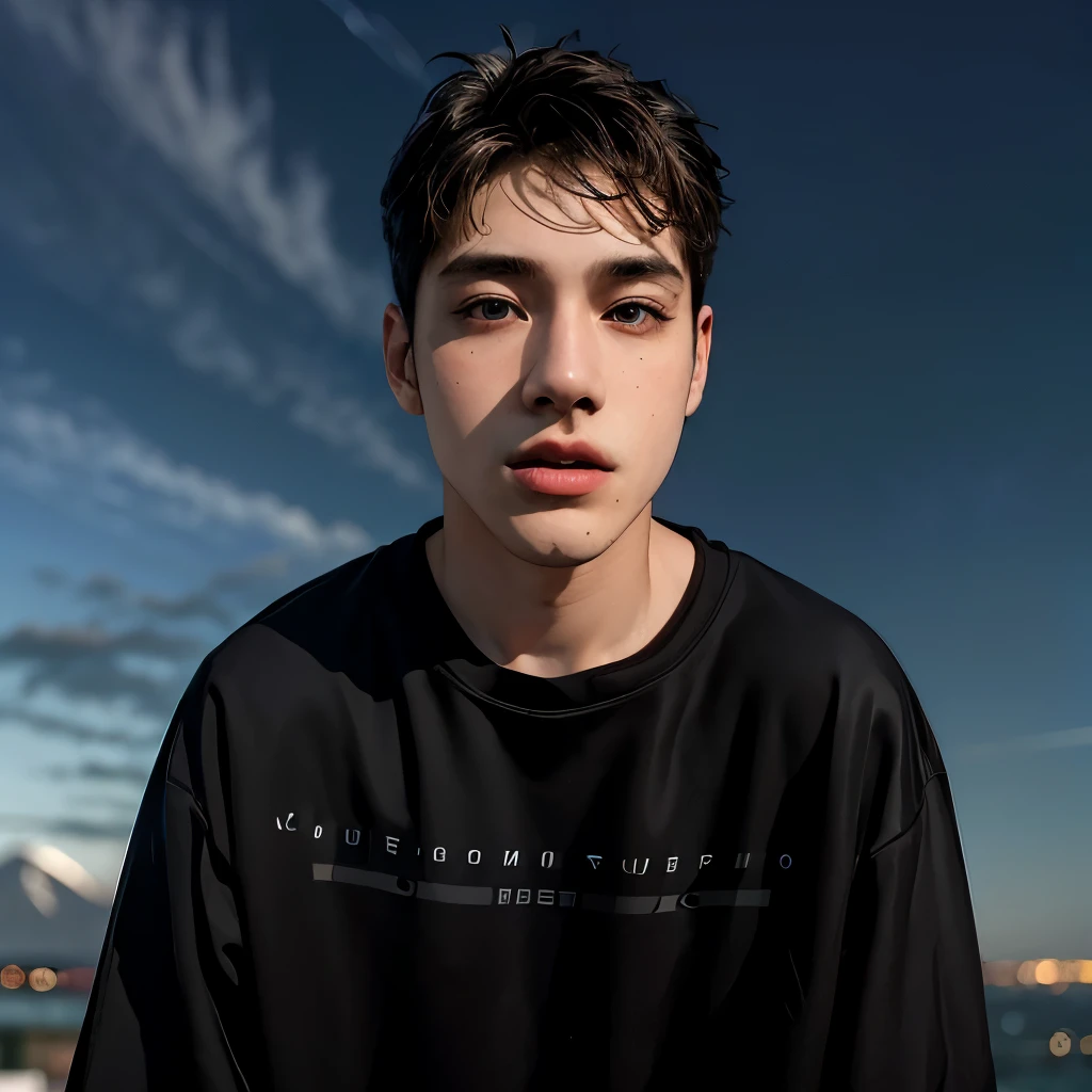 (masterpiece:1.2), (best quality:1.2), hyper realistic,highestres,absurdres,extremely detailed,volumetic,dramatic lighting,(frontal view),
20 year old boy,face,detailed eyes, flat black hoodie, black t-shirt, with background ((sky))