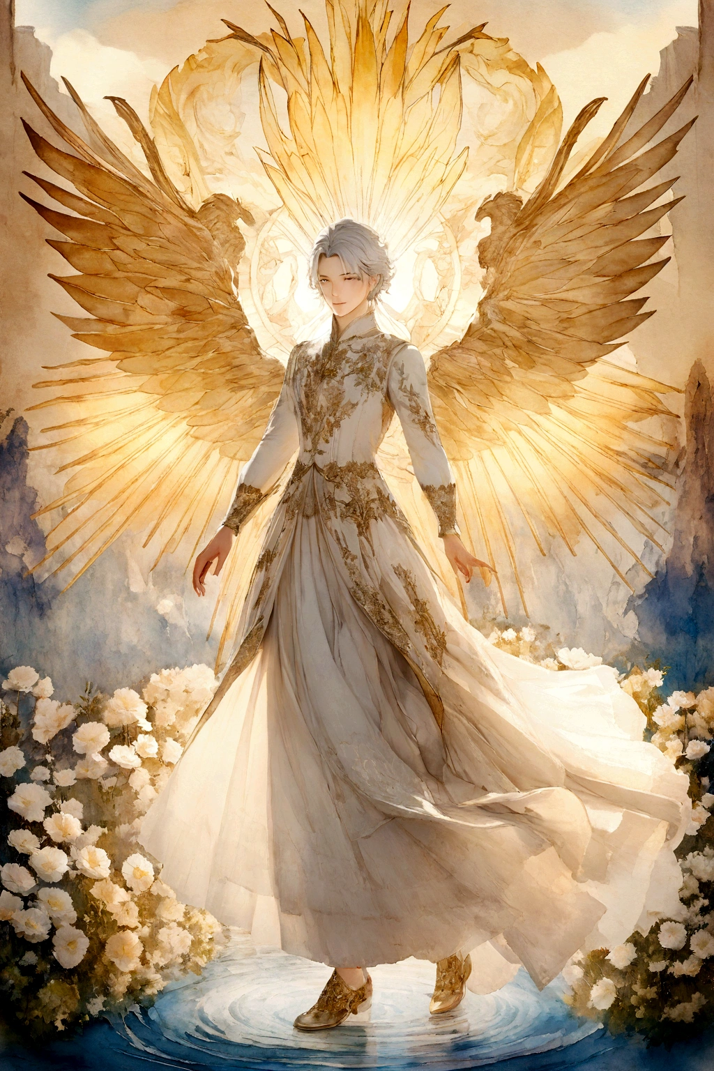 front，Saint，handsome boy, whole body, a beautiful thermographic anime style illustration with flowers on the ears, pixiv art site , Short curly hair boy, blue and white hair, Glass, Golden wings with flowers in the background, light gold and sky blue, Vibrant colors, Exquisite lines, Soft lighting, Fantasy elements, watercolor, high resolution.Deep Light Depiction,3D Rendering --niji 6 --s 400，style:Royal Family, 老钱style,. : blue, From Kane, Top-level elegance，Royal Family服饰，White shirt material: Linen, cotton, silk, wool,