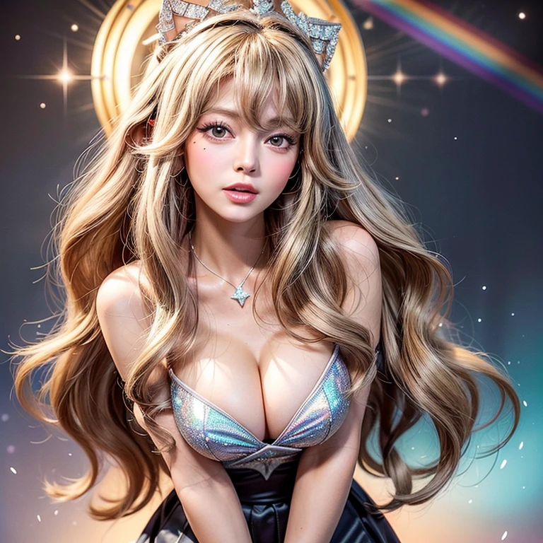 NSFW, 8k, High-level, absurd, masterpiece, best quality, primitive, very detailed CG, very detailed wallpaper, perfect lighting, Extremely detailed ((( personifying " Farrah Fawcett Majors " as a ))), MysticSight, Tyndall effect, Tyndall scattering, (Studio gray background with (Overflowing oodles Dazzling RainbowColorParticles (BokeH))), (RoundlyButts, ThighGap), (Exposed:0.4), (Assfocus with looking ahead) BREAK (Acutance:0.88), (NOGIZAKA face variations) Extremely Detailed very KAWAII face variations, perfect anatomy, Childish, CaptivatingGaze ElaboratePupils detailed Eyes with (sparkling highlights:1.28), (Voluminous LongEyelashes、GlossyRED Lips with beautiful details, RosyCheeks, Radiant PearlSkin with Transparency . { (Dynamic LifeLike expressions:1.4) | :d) }, (large eyes:-1) .