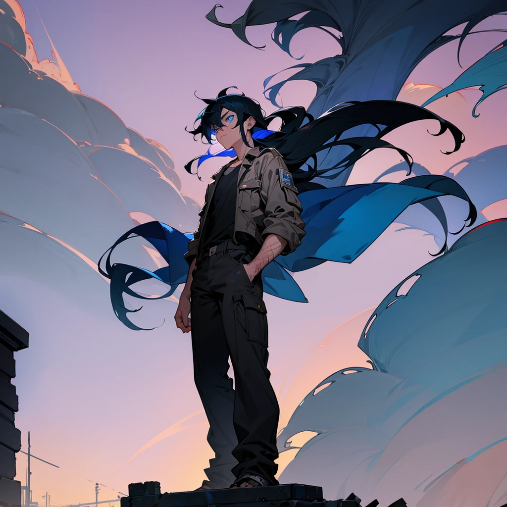 1male, young adult, finely detailed blue eyes, mullet hair, black hair, blue hair, two tone hair, side fade, scars, mechanic clothing, standing on ruined building, night time, serious expression, muscular 