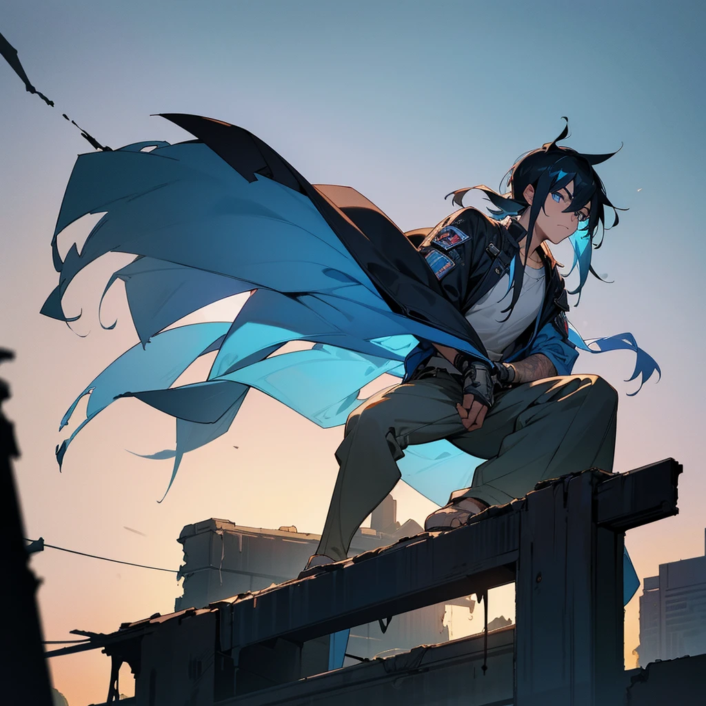 1male, young adult, finely detailed blue eyes, mullet hair, black hair, blue hair, two tone hair, side fade, scars, mechanic clothing, standing on ruined building, night time, serious expression, muscular