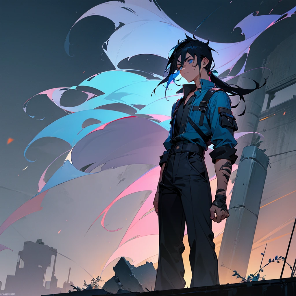 1male, young adult, finely detailed blue eyes, mullet hair, black hair, blue hair, two tone hair, side fade, scars, mechanic clothing, standing on ruined building, night time, serious expression, muscular