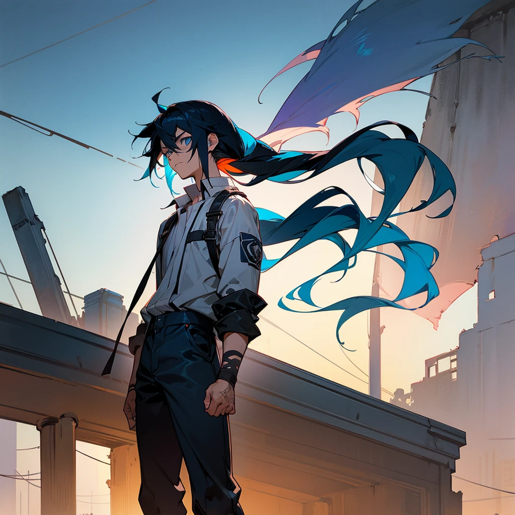 1male, young adult, finely detailed blue eyes, mullet hair, black hair, blue hair, two tone hair, side fade, scars, mechanic clothing, standing on ruined building, night time, serious expression, muscular