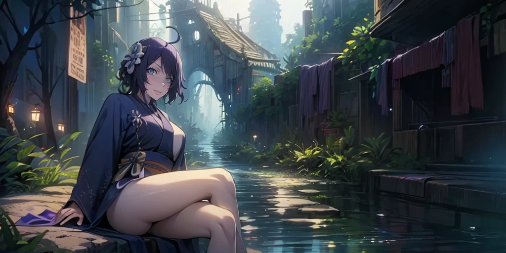 MC, ahoge, (long hari, purple hair:1.3), hair ornament, dark-blue eyes, anatomically correct, heavy breathing, mature female, 1girl, solo, breasts, looking at viewer, large breasts, long sleeves, sitting, thighs, outdoors, japanese clothes, sky, barefoot, day, cloud, wide sleeves, kimono, water, flower, spotlight, (bokeh:1.3) tree, legs, sash, bare legs, obi, crossed legs, nature, black kimono, short kimono, reflective, (fog:1.3), fireflies, hollow eyes, bright pupils, dark-blue eyes, looking at viewer. glowing eyes heavy breathing, seductive smile, (steaming face:1.3), blush face, lips,