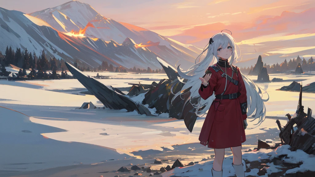 masterpiece:1.2), best quality , solo ,pixiv, anime girl ，long straight white hair , black eyes ,Wearing off-white camouflage uniform ,ten years old，battlefield，Standing in the snowy mountains，(Eyes looking into the distance:1.3)，There is a flame burning beside you，(look away:1.5)，snowy weather，The girl stands among the deserted snowy mountains，blood on forehead，dirty face，Background mixed with metal fragments:1.2，Backlight，Black lake in the background，Standing on the black glacier，Bare rocky peaks , Scrap metal on the snow，raise arms，The expression is sad
