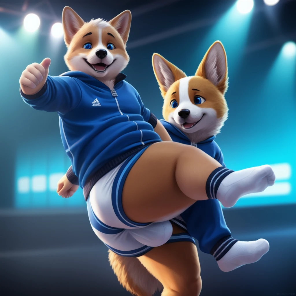 a slightly chubby young male corgi with small human blue eyes, no eyebrows, wearing a dark blue Adidas tracksuit, no pants white briefs, white socks , dancing shaking butt , highly detailed, realistic, 4k, best quality, masterpiece, studio lighting, vivid colors, physically-based rendering, white hands five finger,