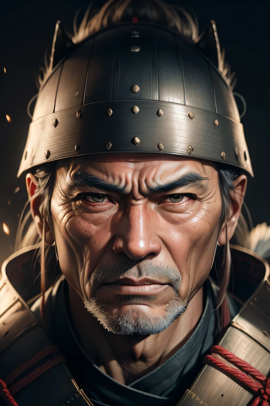 Realistic ultra HD close-up portrait,A samurai wearing a war mask, Wrinkles ,Facial expressions show strong emotions