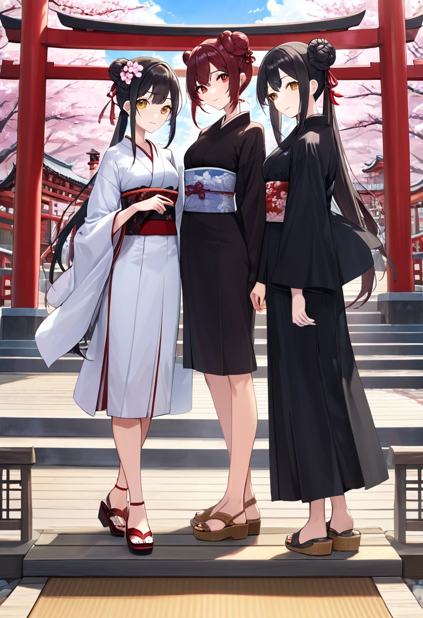 ((masterpiece,Highest quality)),Two Girls, black kimono, Black legwear, black ribbon, Black Hair, cherry blossoms, Day, flower, Hair Bun, hair ribbon, kimono, kimono, Long Hair, View your viewers, Recall, Multiple Girls, heart, Outdoor, Red eyes, Redhead, ribbon, Sandals, single Hair Bun, stage, Are standing, picture, torii, wood, white kimono, Yellow Eyes