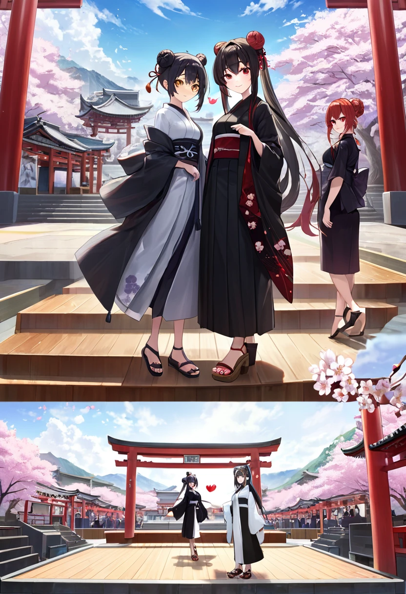 ((masterpiece,Highest quality)),Two Girls, black kimono, Black legwear, black ribbon, Black Hair, cherry blossoms, Day, flower, Hair Bun, hair ribbon, kimono, kimono, Long Hair, View your viewers, Recall, Multiple Girls, heart, Outdoor, Red eyes, Redhead, ribbon, Sandals, single Hair Bun, stage, Are standing, picture, torii, wood, white kimono, Yellow Eyes