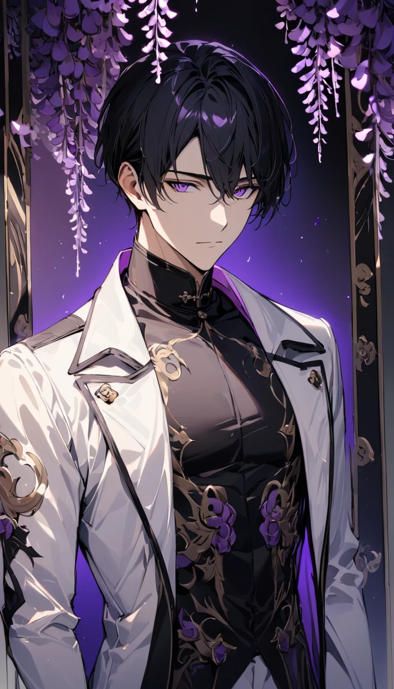 (masterpiece:1.5)，best quality，(1 Handsome and calm man)，alone，black short hair，(purple eyes), (soft expression)，perfect face，Fantasy Chinese style，Long black trench coat，white and purple cloth，Complex clothing design with Chinese elements，Black leather gloves，white lining，White suit pants，Slightly muscular body，High，8K，Beautiful contrast of light and shadow，purple flowers，Dark luxury background，Wisteria flowers，(complete upper body)，Positive face，((luxury screen))