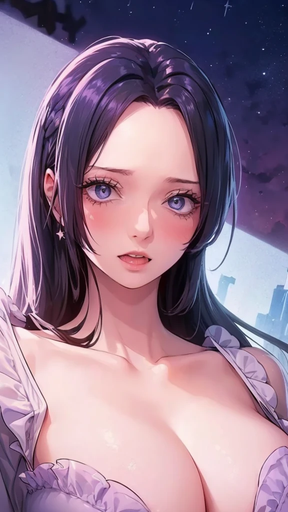 ((masterpiece,best quality)),(negative space:1.4),(1girl, solo:1.4),beautiful detailed eyes,floating pastel pink and lavender hair, lavender eyes, at night, starry sky, stars shining