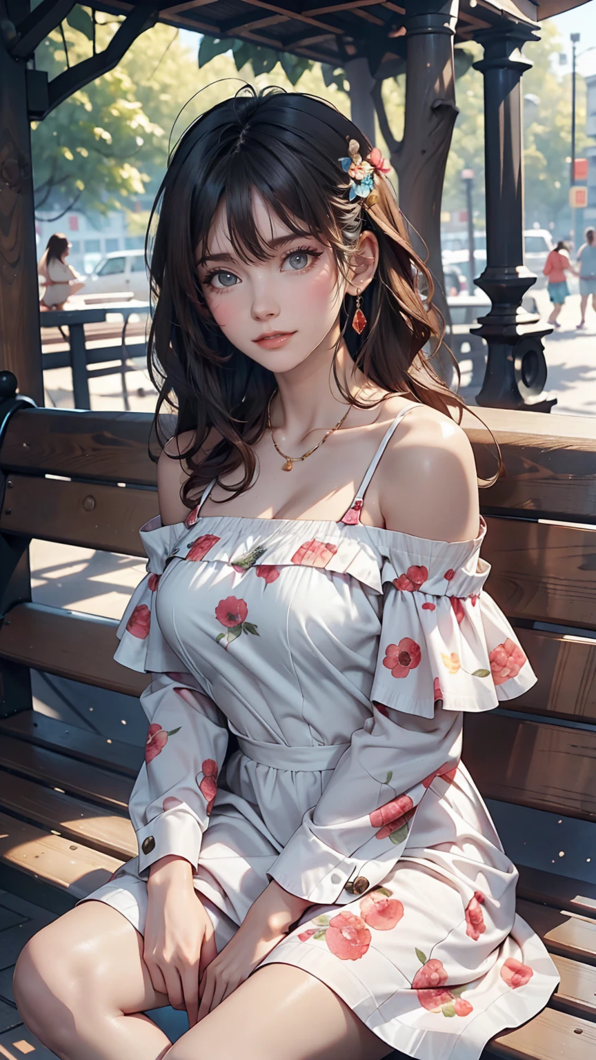 Highest quality, A woman was sitting on a bench , summer_dress, dogs printed in the dress、Off the shoulder、Mini length