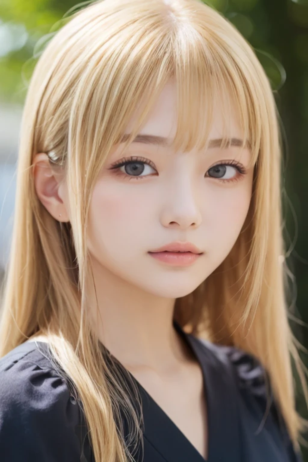 high resolution、(((1 Beautiful Girl、Japanese)))、(detailed)、 bangs、((Perfect Face,Blonde))、Real Texture Skin、Natural Makeup:1.2、blouse、Early summer park