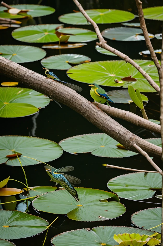 Ecosistema de una laguna de agua dulce, Inside the lagoon there will be fish of different colors swimming, also some aquatic plants such as algae, the water lilies which is where the frogs sit, On the sides there will be plants similar to the grasses found near the lagoons and dragonflies flying between those plants.. A bird perched on an overhanging tree branch, caracoles en la orilla, insectos en las orillas, and in the sky a small bird.