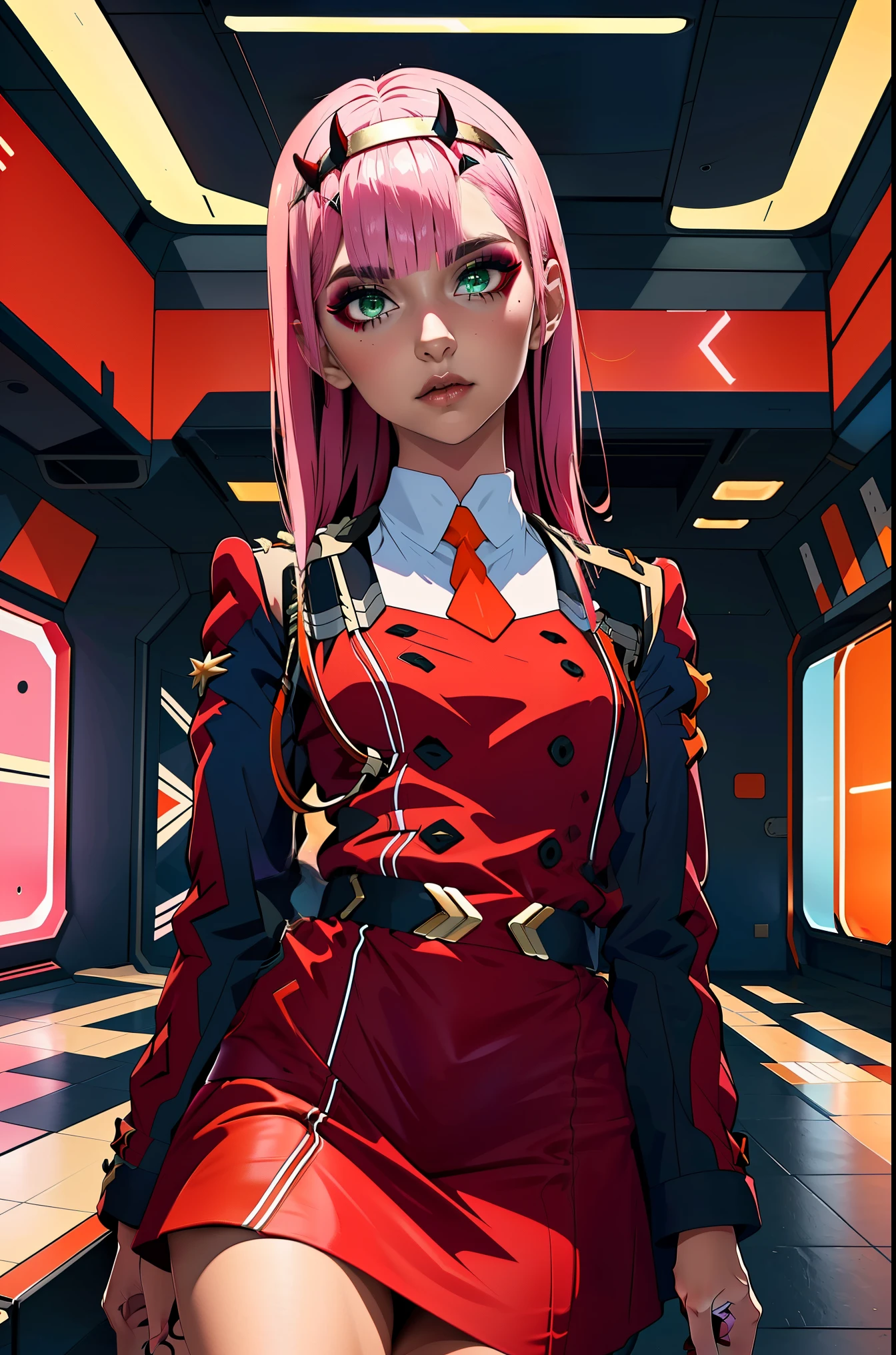 Zero-Two, Long straight and shiny pink hair, small white tiara with two small red horns, (white tiara), straight bangs cover the forehead, green eyes, mascara makeup, eyeshadow makeup, red military uniform with gold metal details on the shoulders, small story black with gold metal detail on the double buckle, white collar with small orange tie, six black buttons, three on each side on the front of the uniform, long red sleeves with black detail, , ((red skirt)), red skirt on top in black tight pants, inside a futuristic room with white neon lighting, teenagers in the background.