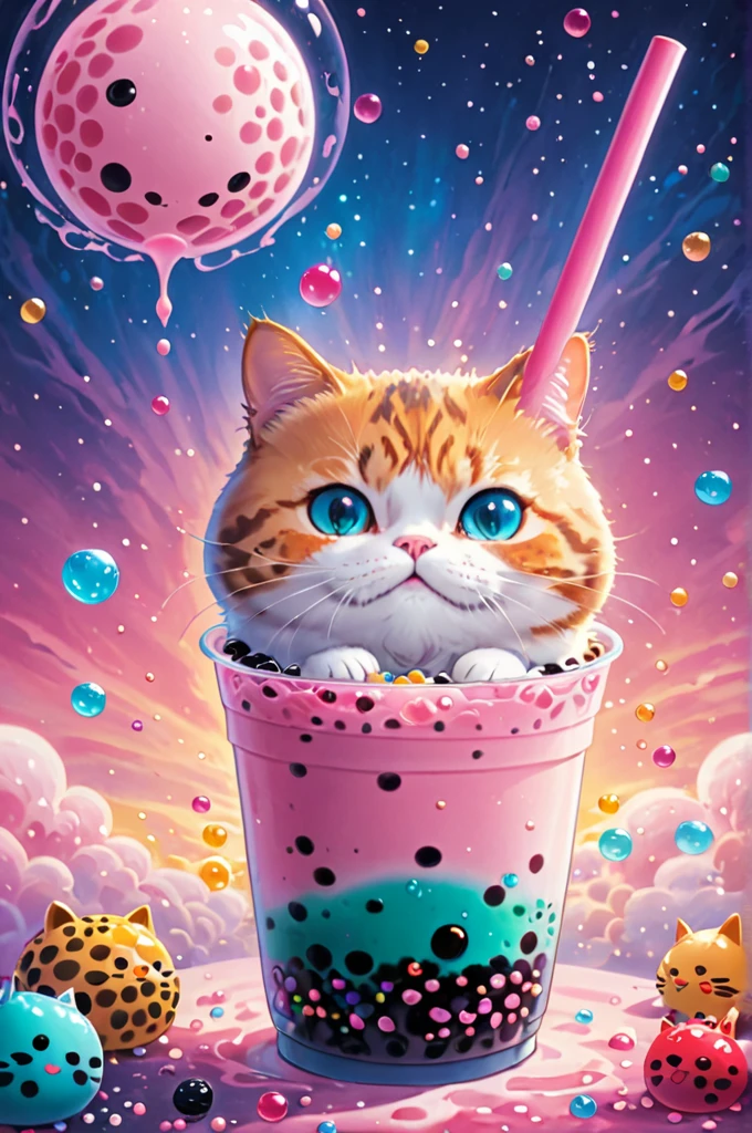 Cosmic Canvas,perfection, clean, masterpiece, Professional artwork, Famous works of art, fat cat painting, (bubble tea background),  