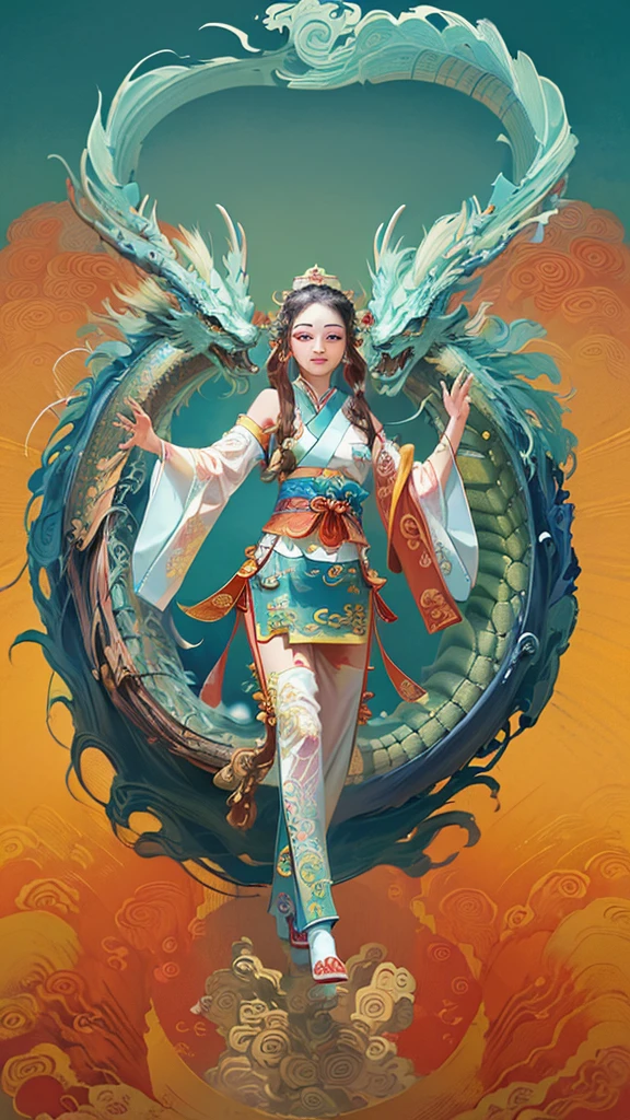 Official Art, Unified 8K Wallpapers, Ultra Detailed, Beautiful and Aesthetic, Masterpiece, Best Quality, (Zentangle, Tangle, Entangle), (fractal art: 1.4), 1girl, black hair, Chinese, bare shoulders, short skirt, calf, navel, very detailed, dynamic angle, cowboyshot, (most beautiful form chaos), ethereal, (bright colors), oc, (half: 1.2), china, (thangka flying sky: 1.5), (ribbon: 1.3), (dream: 1.5), (hanfu: 1.5), Chinese dragon, yellow dragon, Chinese phoenix, (smile: 0.5), (Chinese gods),