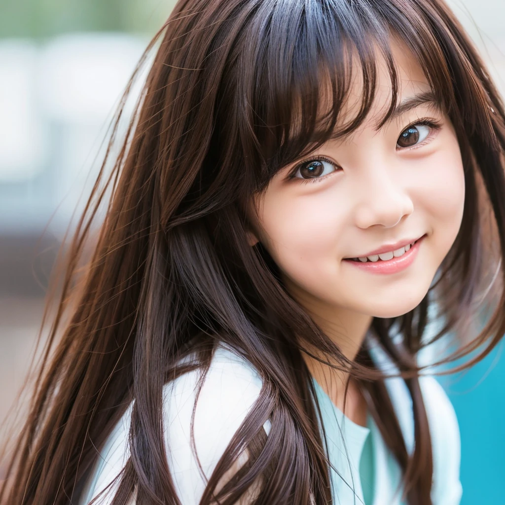 Create an anime-style portrait of a Japanese girl。Her hair is dark brown、Let it flow naturally。The girl has expressive eyes、A warm and gentle smile。She looks loving、Holding a cute puppy、It&#39;s a scene that evokes warmth and camaraderie.。Background、It should be a blend of warm and cool colors that complement the overall composition.。She is wearing a blue dress with intricate detailing.、Gives an elegant impression。The overall atmosphere of the piece is bright and attractive.、Capture the girl&#39;s kind and friendly personality。