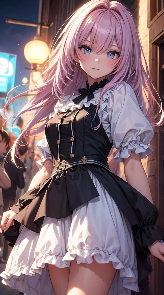 (gradient hair, dutch angle:1.3), grain du film, aberration chromatique, ville, Masterpiece, Best quality, Photo brute, photoreallistic, absurdes, 1fille, mignon, perspective, Tir de cowboy, high resolucion, Ultra detailded, Detailed eyes and face, pupilles pointues, realistic pupils, mise au point nette, summer, Nuit,