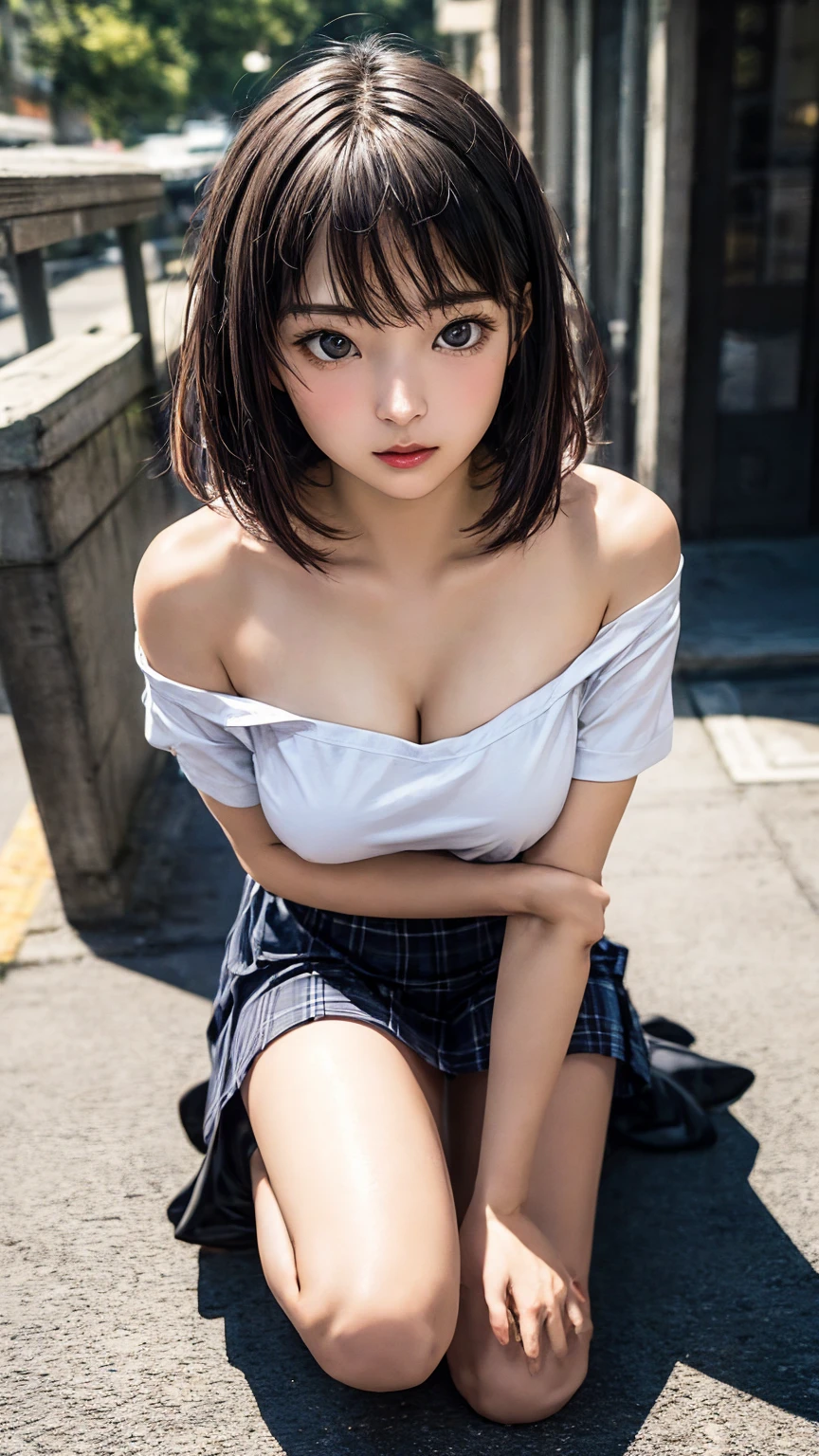 Highest quality、8K quality、A 20-year-old woman hiding her breasts with both hands、Off-the-shoulder T-shirt、Short skirt、Beautiful thighs、Soft Breasts、Looking up at the photographer、Bend one knee、Shooting from the top front、Well-groomed, Adult face、Beautiful cleavage、Thin fabric、High Resolution Skins、、Sweating profusely