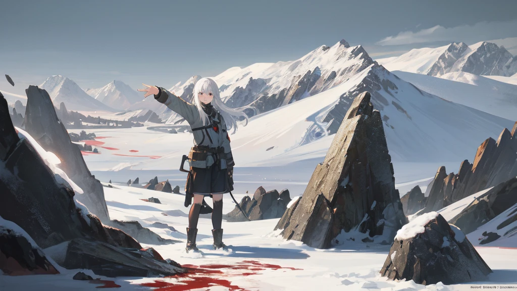 masterpiece:1.2), best quality , solo ,pixiv, anime girl ，long straight white hair , black eyes ,Wearing off-white camouflage uniform ,ten years old，battlefield，Standing in the snowy mountains，(Eyes looking into the distance:1.3)，There is a flame burning beside you，(look away:1.5)，snowy weather，The girl stands among the deserted snowy mountains，blood on forehead，dirty face，Background mixed with metal fragments:1.2，Backlight，Black lake in the background，Standing on the black glacier，Bare rocky peaks , Scrap metal on the snow，raise arms，The expression is sad