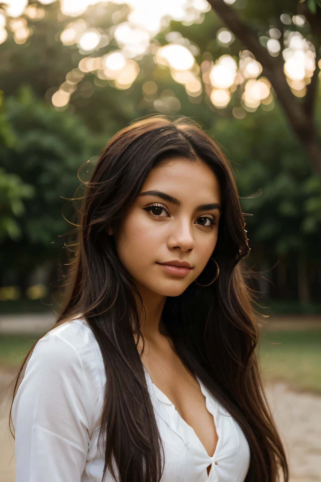 A photorealistic portrait of a 21-year-old colombian girl with long, flowing dark hair and striking dark eyes. She should have a natural, approachable expression and be illuminated by soft, golden-hour sunlight. The background should be a scenic outdoor setting, perhaps a sunlit park or beach. Capture this image with a high-resolution photograph using an 85mm lens for a flattering perspective,