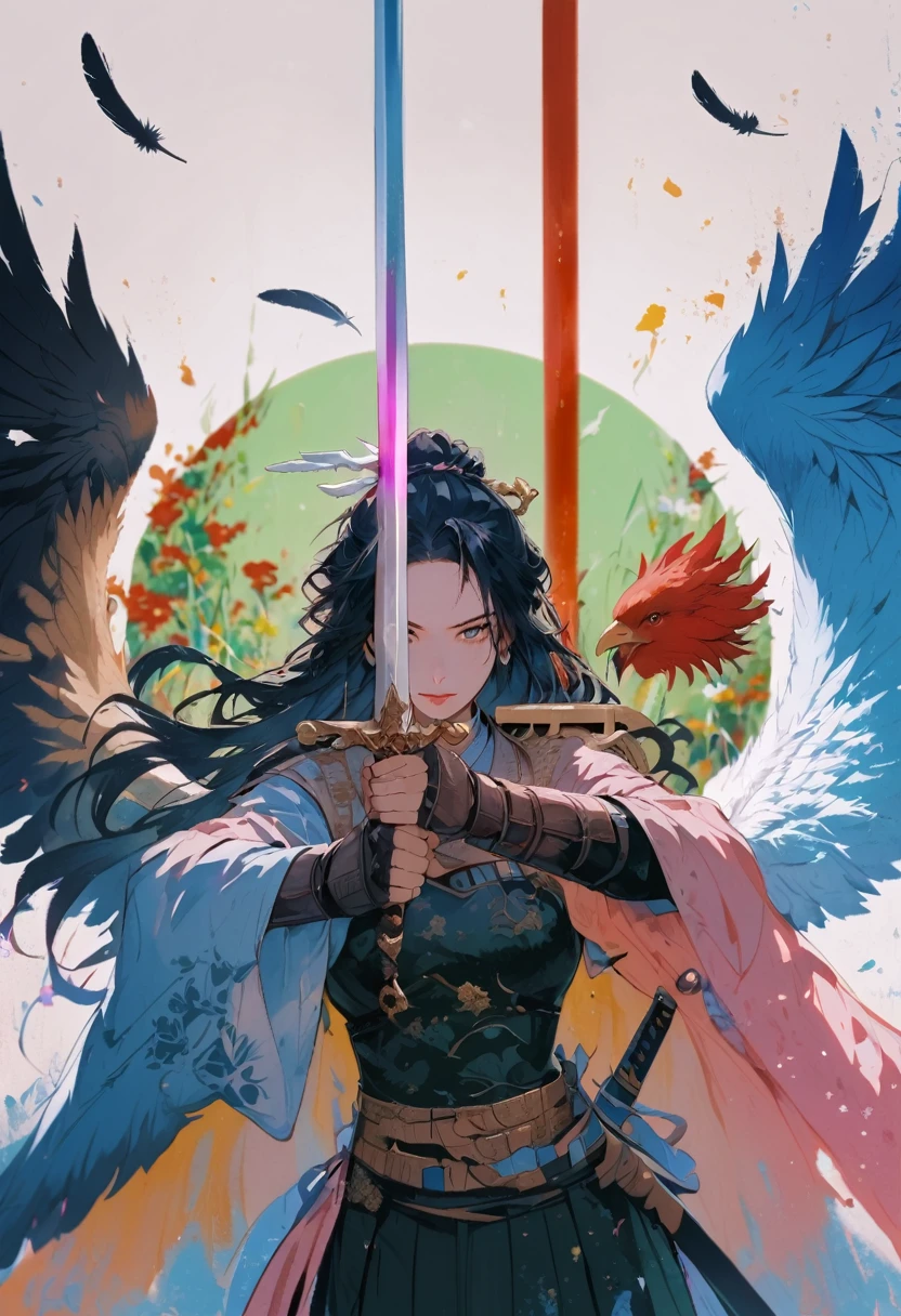 swordsman,1girl,angel,angel and devil,angel wings,asymmetrical wings,bird,bird tail,bird wings,black feathers,black wings,blue wings,brown wings,detached wings,dove,eagle,fake wings,feather trim,feathered wings,feathers,flower,gloves,glowing wings,green wings,halo,harpy,hawks \(boku no hero academia\),head wings,kishin sagume,large wings,long hair,low wings,mini wings,multicolored wings,multiple wings,pegasus,pigeon,pink wings,pit \(??? icarus\),red wings,rooster,single wing,spread wings,tail feathers,talons,tengu,white feathers,white flower,white wings,winged arms,wings,year of the rooster,yellow wings,holding sword with both hands,sword focus