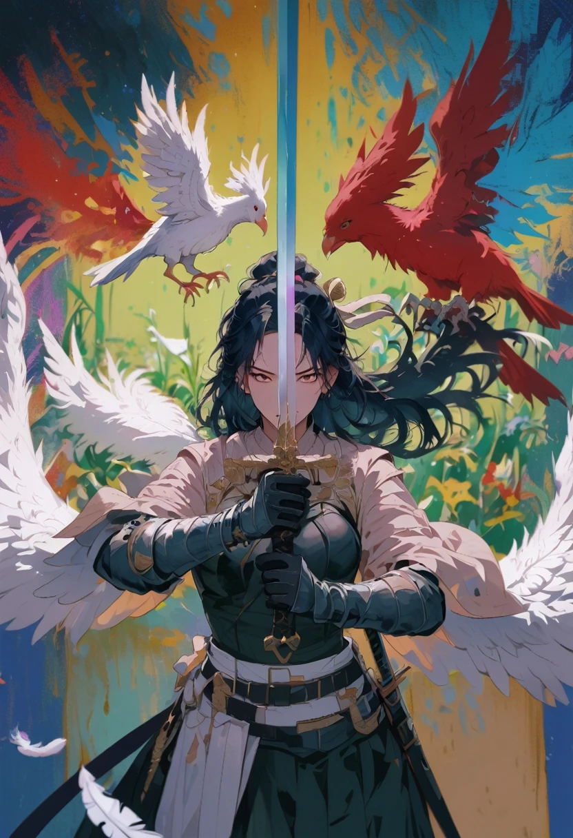 swordsman,1girl,angel,angel and devil,angel wings,asymmetrical wings,bird,bird tail,bird wings,black feathers,black wings,blue wings,brown wings,detached wings,dove,eagle,fake wings,feather trim,feathered wings,feathers,flower,gloves,glowing wings,green wings,halo,harpy,hawks \(boku no hero academia\),head wings,kishin sagume,large wings,long hair,low wings,mini wings,multicolored wings,multiple wings,pegasus,pigeon,pink wings,pit \(??? icarus\),red wings,rooster,single wing,spread wings,tail feathers,talons,tengu,white feathers,white flower,white wings,winged arms,wings,year of the rooster,yellow wings,holding sword with both hands,sword focus