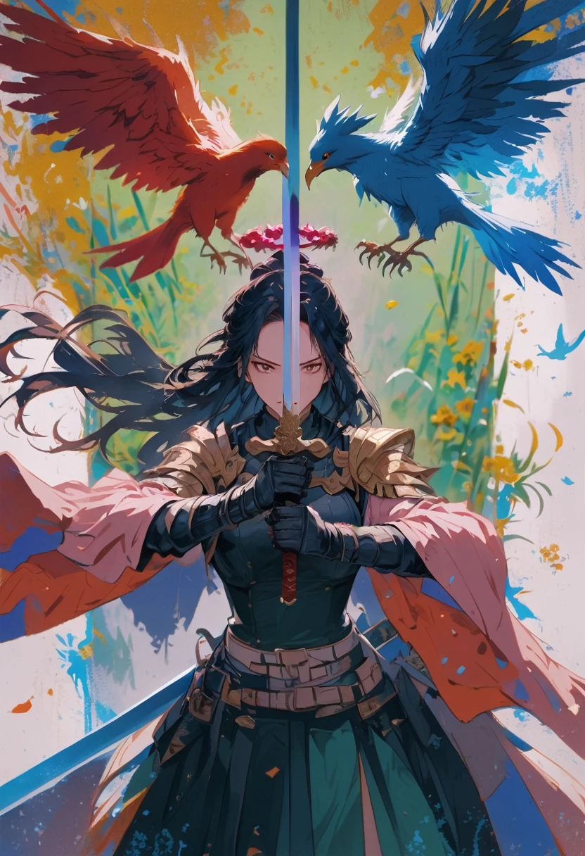 swordsman,1girl,angel,angel and devil,angel wings,asymmetrical wings,bird,bird tail,bird wings,black feathers,black wings,blue wings,brown wings,detached wings,dove,eagle,fake wings,feather trim,feathered wings,feathers,flower,gloves,glowing wings,green wings,halo,harpy,hawks \(boku no hero academia\),head wings,kishin sagume,large wings,long hair,low wings,mini wings,multicolored wings,multiple wings,pegasus,pigeon,pink wings,pit \(??? icarus\),red wings,rooster,single wing,spread wings,tail feathers,talons,tengu,white feathers,white flower,white wings,winged arms,wings,year of the rooster,yellow wings,holding sword with both hands,sword focus