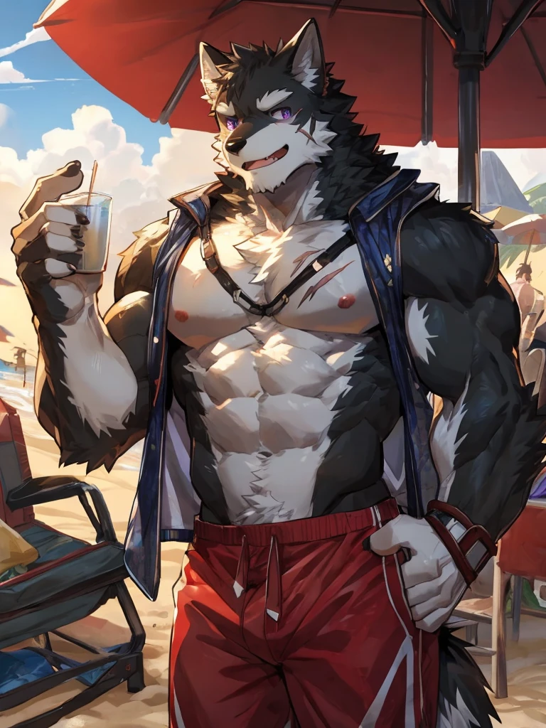 embedding:black wolf, male,purple eyes,Scar on the face, scar on the body,Single Person,A swimsuit,Beach Pants，Mature, The highest quality of scene detail,adult,Tall and powerful,muscle，Best quality hands, best quality eye，detailed fur，Delicate eyes.Extreme picture quality，by sollyz,by zixiong,by milkytiger1145