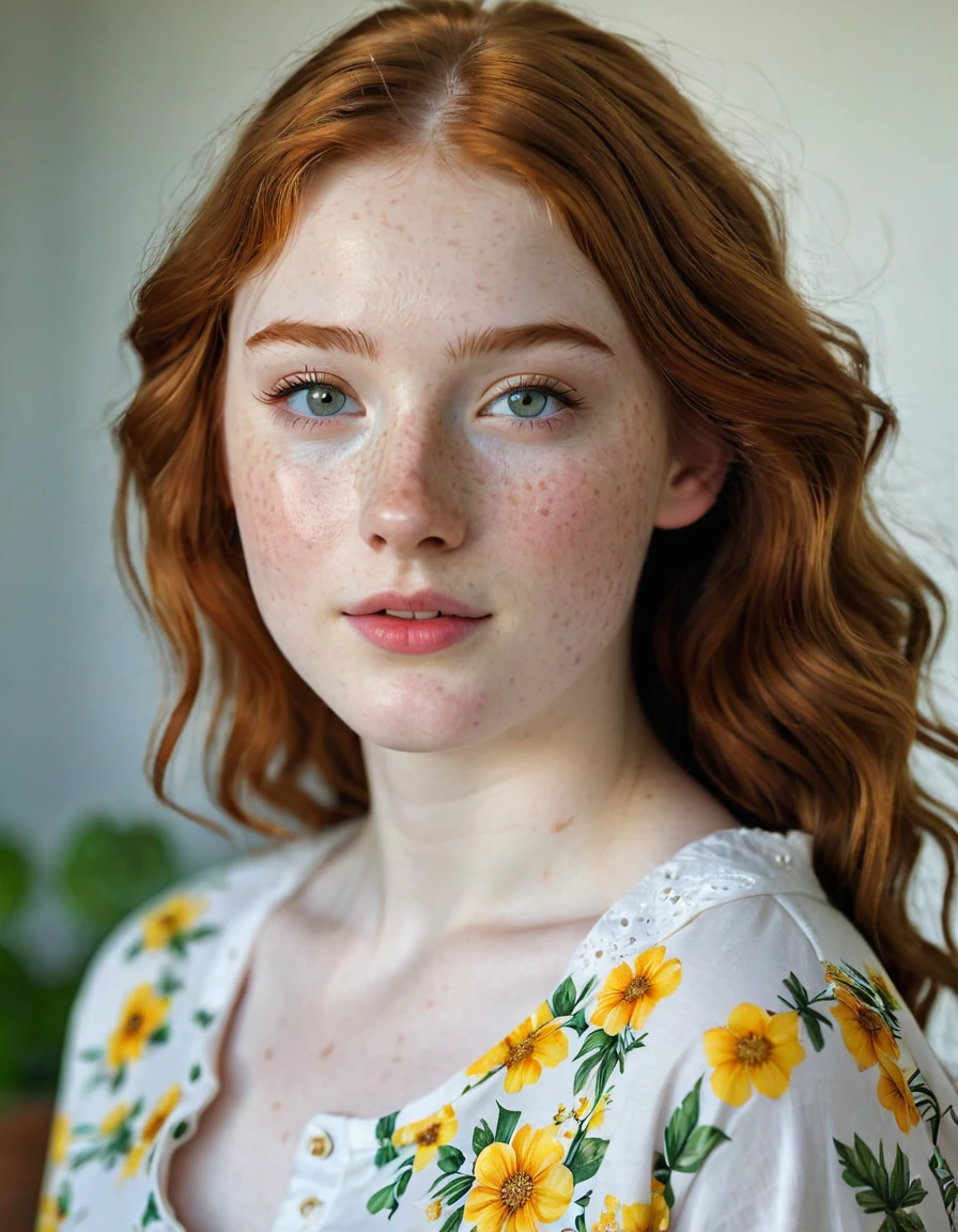photography half body portrait of very beautiful realistic girl, -yeld, polain skin, very fair skin, very pale skin, redhead, long wavy, detail freckles skin, hazel eyes, slanted eyes, small nose, small nostril, thick curved eyebrow, thick bottom lip, seductive gaze, happy face, unique face, wear flowers shirt, detail photo, realistic photo, master piece picture, sharp picture, outdoor clear daylight, arms up