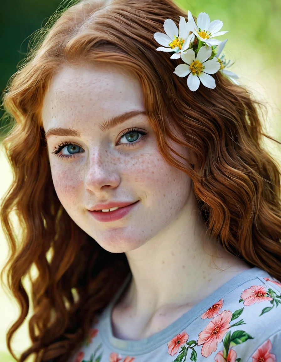 photography half body portrait of very beautiful realistic girl, -yeld, polain skin, very fair skin, very pale skin, redhead, long wavy, detail freckles skin, hazel eyes, slanted eyes, small nose, small nostril, thick curved eyebrow, thick bottom lip, seductive gaze, happy face, unique face, wear flowers shirt, detail photo, realistic photo, master piece picture, sharp picture, outdoor clear daylight, arms up