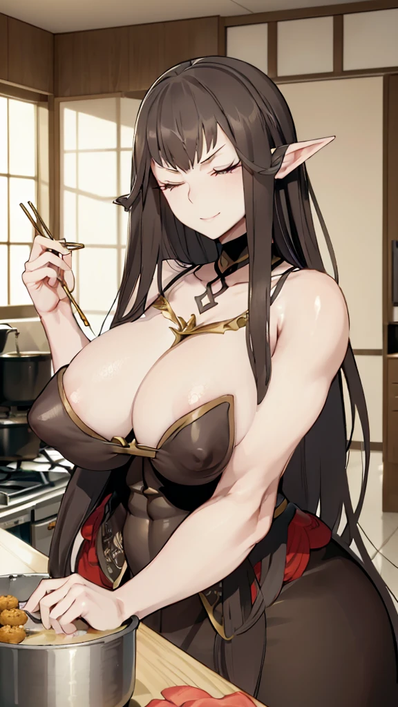 semiramis, (Mother:1.5), (Mature Woman:1.5), (absurderes, 8K, 4K, masutepiece, hyper extreme detailed:1.2), Best Quality, Perfect Anatomy, Perfect face, Facing forward, High humidity, (Very big boobs:1.3), Browsing Caution, nude, (Very large nipples:1.5), (Very large areola:1.5), smile,dress, Looking down on, sadistic, joy, Fearless smile, kitchen, apron, (Sharp Eyes:1.2), Cooking, Holding chopsticks, croquette, (Both eyes closed:1.3)