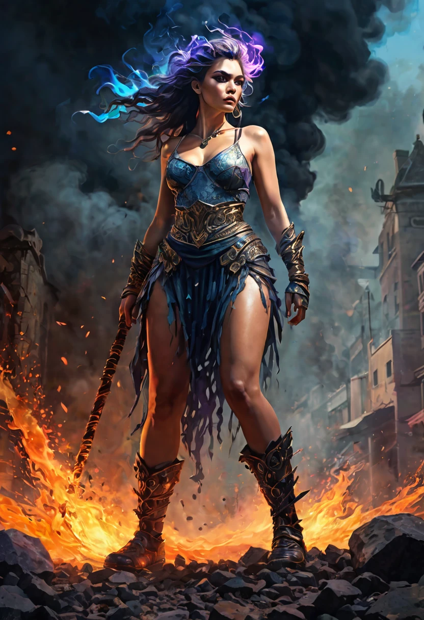 masterpiece,woman Super cool magical creatures,((Huge hill giant destroyed by modern city master)),roar,Violent and cruel,Tall and mighty,((petrified skin)),thick limbs,fighting,fire light,gravel,smoke,Random light and shadow,Glowing special effectinimalist style,mist,(full body portrait:1.4),European and American fantasy style,Perfect,,highlight,bright colorful shades,Ink background,OC renderer,best picture quality,high resolution,dynamic perspective