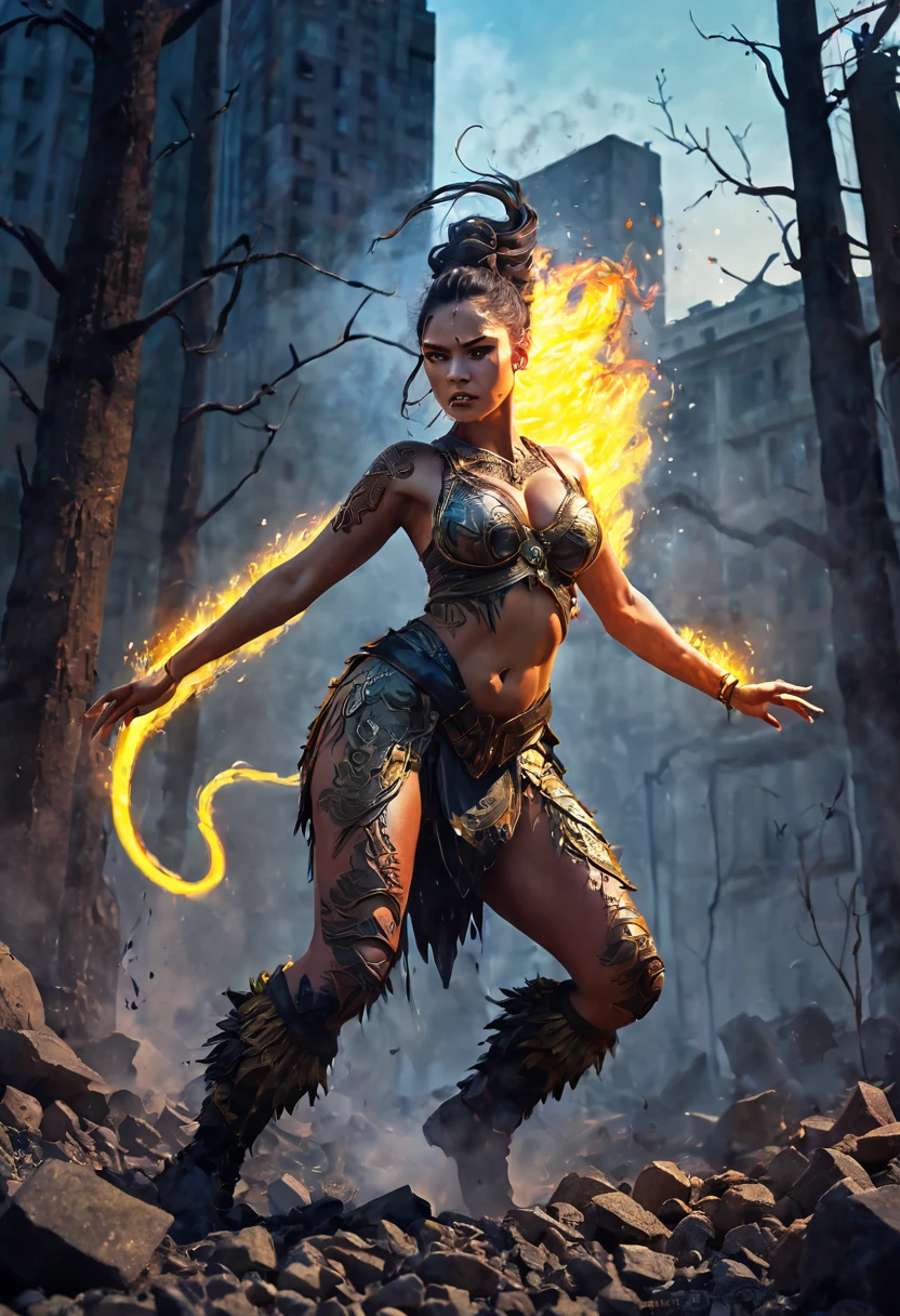 masterpiece,woman Super cool magical creatures,((Huge hill giant destroyed by modern city master)),roar,Violent and cruel,Tall and mighty,((petrified skin)),thick limbs,fighting,fire light,gravel,smoke,Random light and shadow,Glowing special effectinimalist style,mist,(full body portrait:1.4),European and American fantasy style,Perfect,,highlight,bright colorful shades,Ink background,OC renderer,best picture quality,high resolution,dynamic perspective
