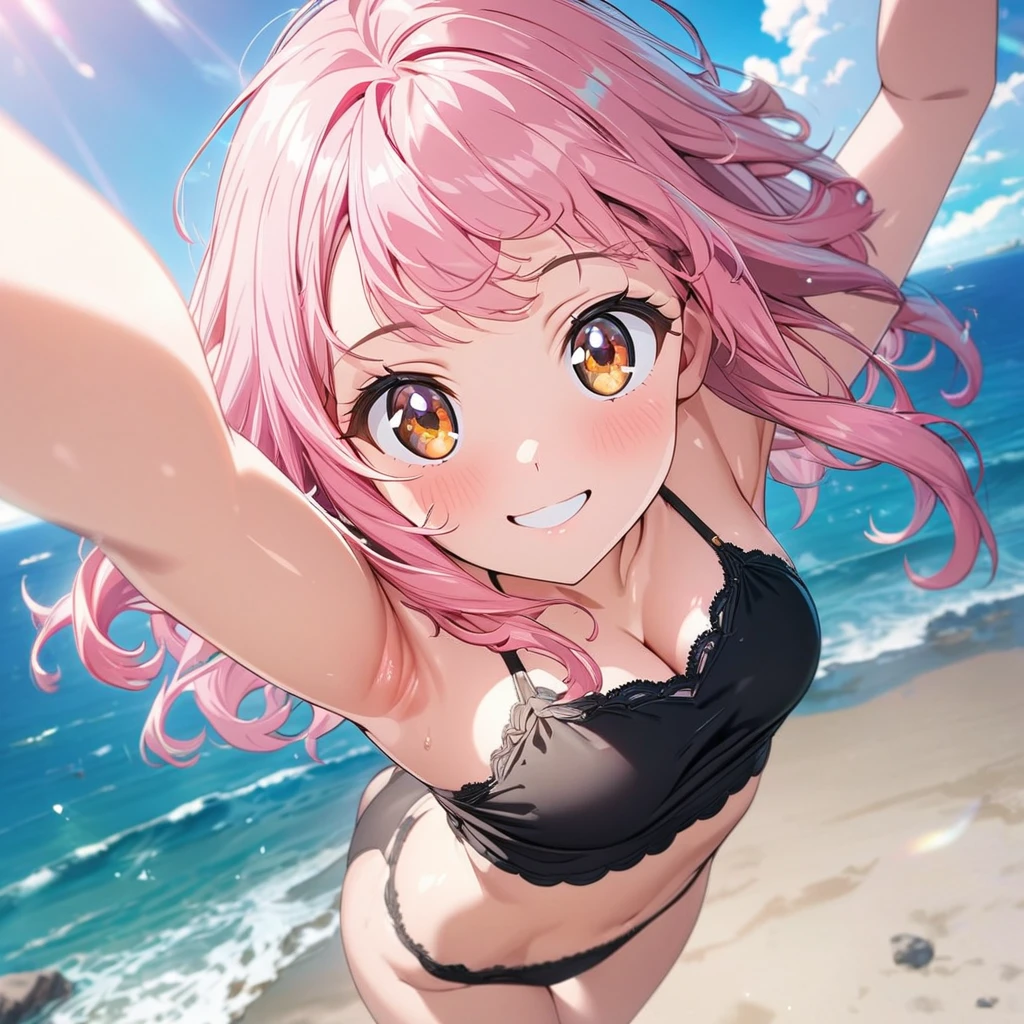 gorgeous,a cutegirl, anime, best quality, extremely,detailed,masterpiece,cleavage,perm,Pink hair, Short bob,8K, best quality, ultra detailed, extremely CG illustration, brown eyes,upward glance, (beautiful detailed eyes:1.1), 1girl, shiny hair, happy, shine pupil, cute face, soft smile, smiling, kawaii, strong woman, cleavage, (young,18 years old),(Black bikini),beautiful sea, beautiful sky,from above, looking up,Show your armpits,