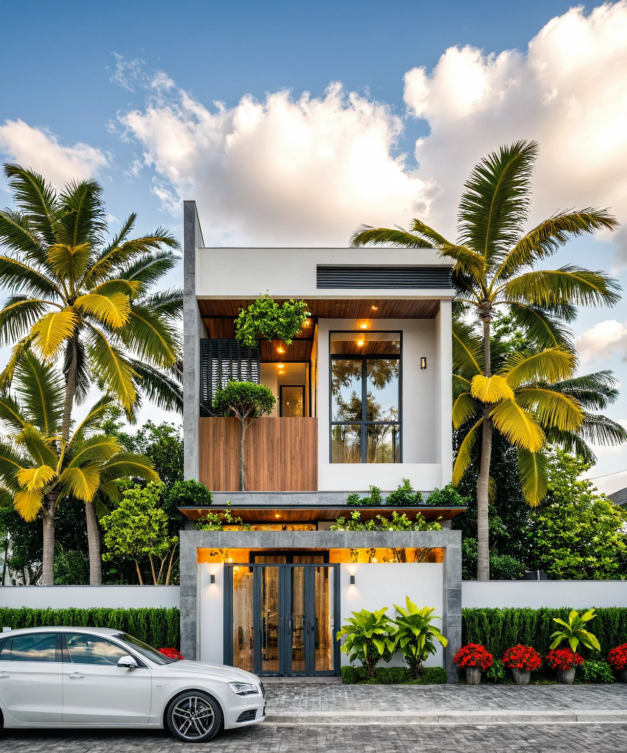 Raw photo,Masterpiece, high quality, best quality, authentic, super detail,
outdoors, onestoreyvillaXL, aiaigroup, house style modern on the street ,stairs, white wall
road,pavement, grass, trees, sky, cloud, (daylight:1.1)