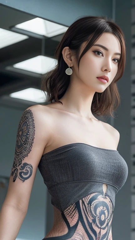 Anime-style woman, thin, thin, whole body, Full of tattoos, Lots of earrings, Beautiful and shiny hair, Rainbow Eyes, Slanted Eyes, Wavy Hair, Kind and charming, shoulderを露出させる, Delicate and sexy collarbone, Attractive oval face, double eyelid, Pink Lips, Small Nose, Concentrated face, Ultra-high resolution, Very detailed, Graceful posture, Nice, ultra-thin, See through, Dark grey Ise style Inden pattern tight dress,(arm、shoulder、Tribal tattoo pattern body paint on chest),Glowing Skin, Realistic Background, sunlight,(From below:1.3),(Look down, Display in viewer:1.3)