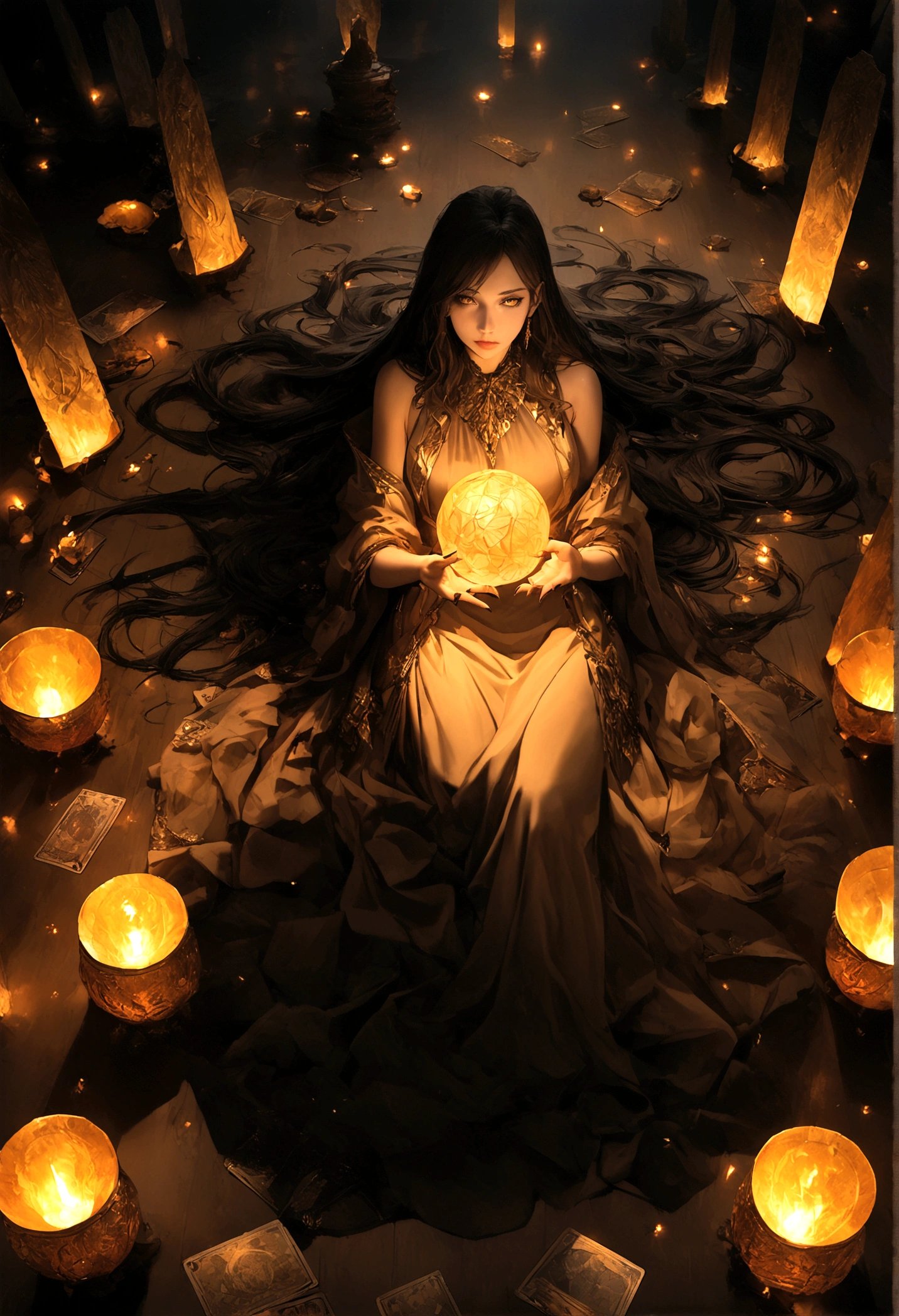 Stunning ultra-realistic in 8K resolution depicting a modern glamorous mysterious woman with red straight long hair, yellow magic bright eyes, long nails, holding a large magical crystal ball. She is surrounded by many tarot cards, laid out on a dark table and casting an eerie glow. The modern atmosphere is shrouded in darkness, and there is enough light to highlight the woman's intricate costume and the mysterious objects around her. The overall effect is one of mystery, depth and a touch of magic, creating an unforgettable visual experience, photography