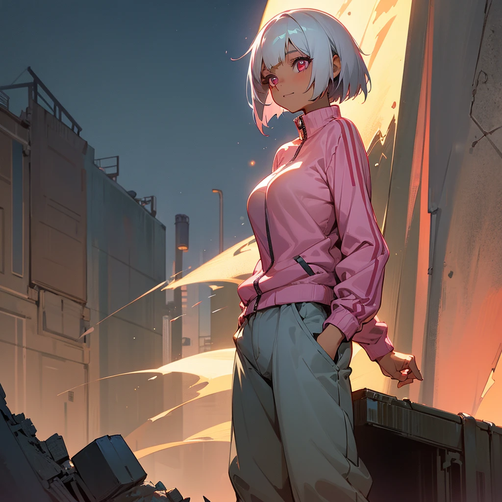 1female, young adult, tan skin, big breast, finely detailed pink eyes, short hair, bob hairstyle, grey hair, track jacket, baggy pants, standing on ruined building, night time, excited expression