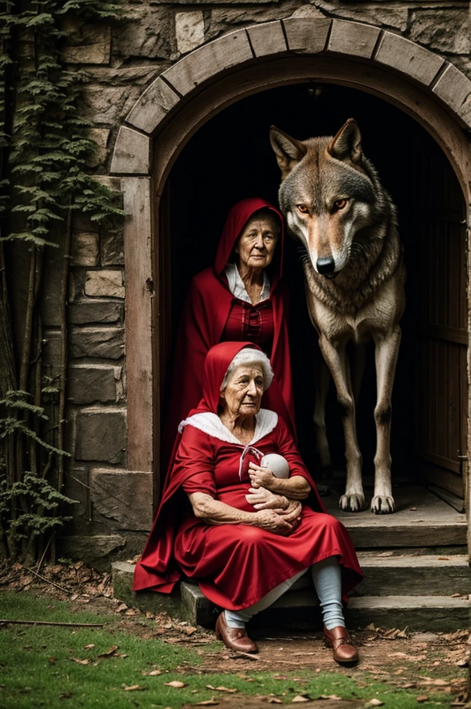 Red Riding Hood with her grandmother who is eaten by a wolf