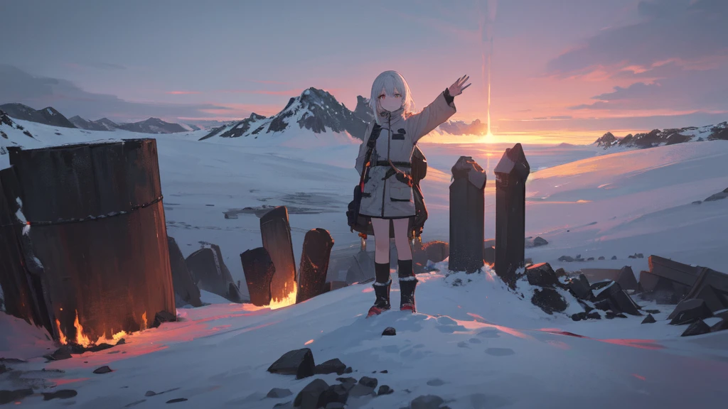 masterpiece:1.2), best quality , solo ,pixiv, anime girl ,long straight white hair , black eyes ,Wearing off-white camouflage uniform ,ten years old,battlefield,Standing in the snowy mountains,(Eyes looking into the distance:1.3),There is a flame burning beside you,(look away:1.5),snowy weather,The girl stands among the deserted snowy mountains,blood on forehead,dirty face,Background mixed with metal fragments:1.2,Backlight,Black lake in the background,Stand on a glacier,Bare rocky peaks , Scrap metal on the snow,raise arms,The expression is sad