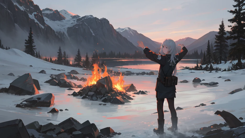 masterpiece:1.2), best quality , solo ,pixiv, anime girl ，long straight white hair , black eyes ,Wearing off-white camouflage uniform ,ten years old，battlefield，Standing in the snowy mountains，(Eyes looking into the distance:1.3)，There is a flame burning beside you，(look away:1.5)，snowy weather，The girl stands among the deserted snowy mountains，blood on forehead，dirty face，Background mixed with metal fragments:1.2，Backlight，Black lake in the background，Stand on a glacier，Bare rocky peaks , Scrap metal on the snow，raise arms，The expression is sad