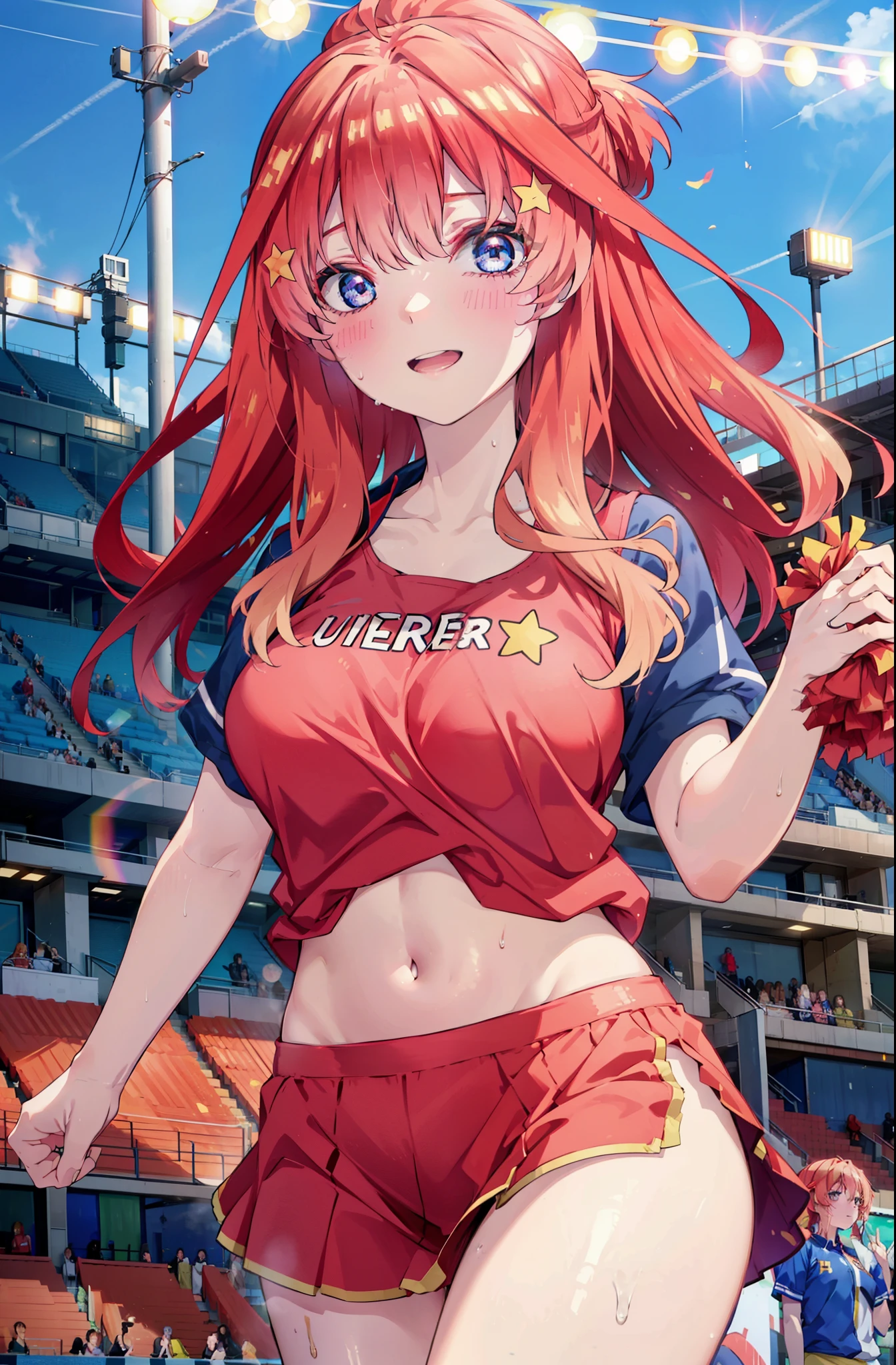 itsukinakano, Itsuki Nakano, bangs, blue eyes, hair between eyes, Ahoge, Redhead, star \(symbol\), happy smile, smile, Open your mouth,hair ornaments, star hair ornaments,(cheer leading), (whole body), Big Breasts, Lower, (Sweaty), Sweaty Wet Clothes (Red clothes),  No sleeve,Belly button support, playground, (Jump), (Jump), 足を曲げてJumpする, air, blue sky, Grass原, smileのチアリーダー, Pom-pom \(cheer leading\), Grass, whole bodyがイラストに入るように,
break outdoors, Stadium,
break looking at viewer, whole body,
break (masterpiece:1.2), Highest quality, High resolution, unity 8k wallpaper, (shape:0.8), (Fine and beautiful eyes:1.6), Highly detailed face, Perfect lighting, Highly detailed CG, (Perfect hands, Perfect Anatomy),