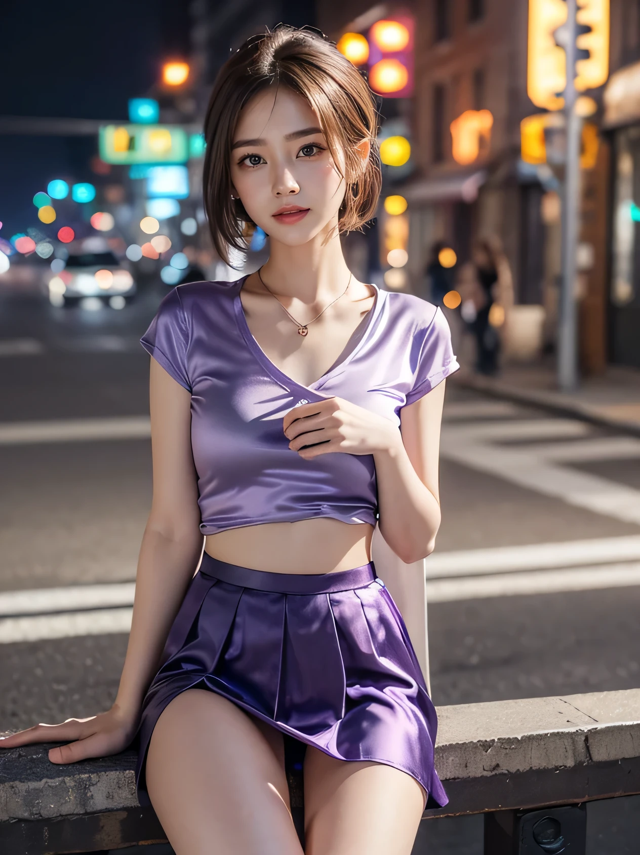 8k, masterpiece, RAW Photos, Highest quality, Realistic, Very detailed CG Unity 8k wallpaper, Depth of written boundary, Cinematic Light, Lens flare, Ray Tracing, (Very beautiful face, Beautiful Lips, Beautiful Eyes), Exquisitely detailed face, ((Very detailed肌)) One girl, ((Beautiful violet silk satin T-shirt )), ((Beautiful violet above-the-knee skirt in silk satin)), In the Dark, Deep Shadow, Cute Korean Girl, K-Pop Idols, 1 Girl, (Very slim slender fit-muscled body:1.3), ((View your viewers)),(Big smile:1.3), (Fashion City Night, Dark Night, (Neon Signs), (Blurred Background), Fashion Street Night),(No people in the background:1.3), Beautiful earrings, bracelet, necklace, hose, Clear Eyes, (Pale skin), (Big eyes), Look forward, ((Upper Body Shot)), (View your viewers:1.3) Very slim, Medium chest, (Ultra-realistic, Staring at the audience), (High resolution), (8k), (Very detailed), (Brown Hair, short hair), (Showing your belly butto(The body is slim)