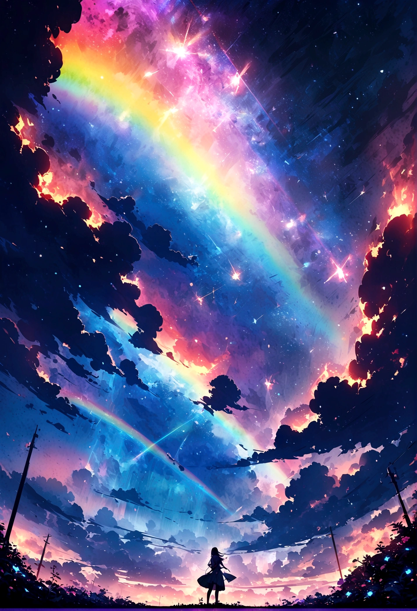vast landscape photography, (seen from below, the sky is above、the fields are below), A girl standing in a flower field and looking up, (full moon: 1.2), (meteor: 0.9), (nebula: 1.3), distant mountain々 , tree BREAK craft art, (warm light: 1.2), (fire Fly: 1.2), light, lots of purple and orange, intricate details, volume lighting, Realism BREAK (masterpiece: 1.2), (highest quality), 4k, super detailed, (dynamic composition: 1.4), very detailed, colorful details, (Rainbow-colored: 1.2), (glow lighting, atmosphere lighting), dream-like, Magic, (alone: 1.2)
