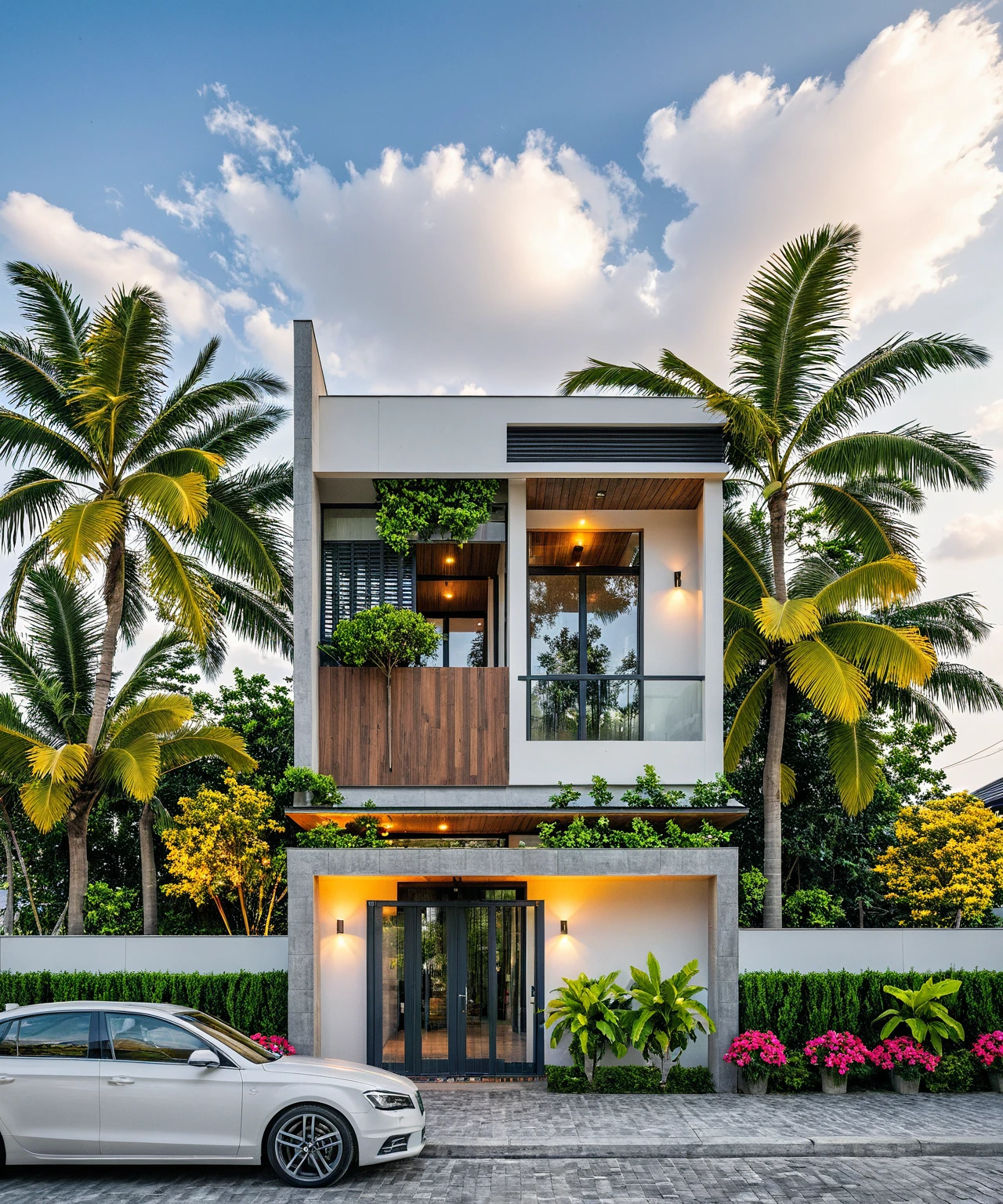Masterpiece, high quality, best quality, authentic, super detailed, outdoor, aiaigroup, modern 2-storey townhouse style, stairs, white wall combined with wood, wind encaustic tiles, iron gate, ceiling conwood, flowers, path, summer evening, grass, trees, sky, clouds, (daylight: 1.1)