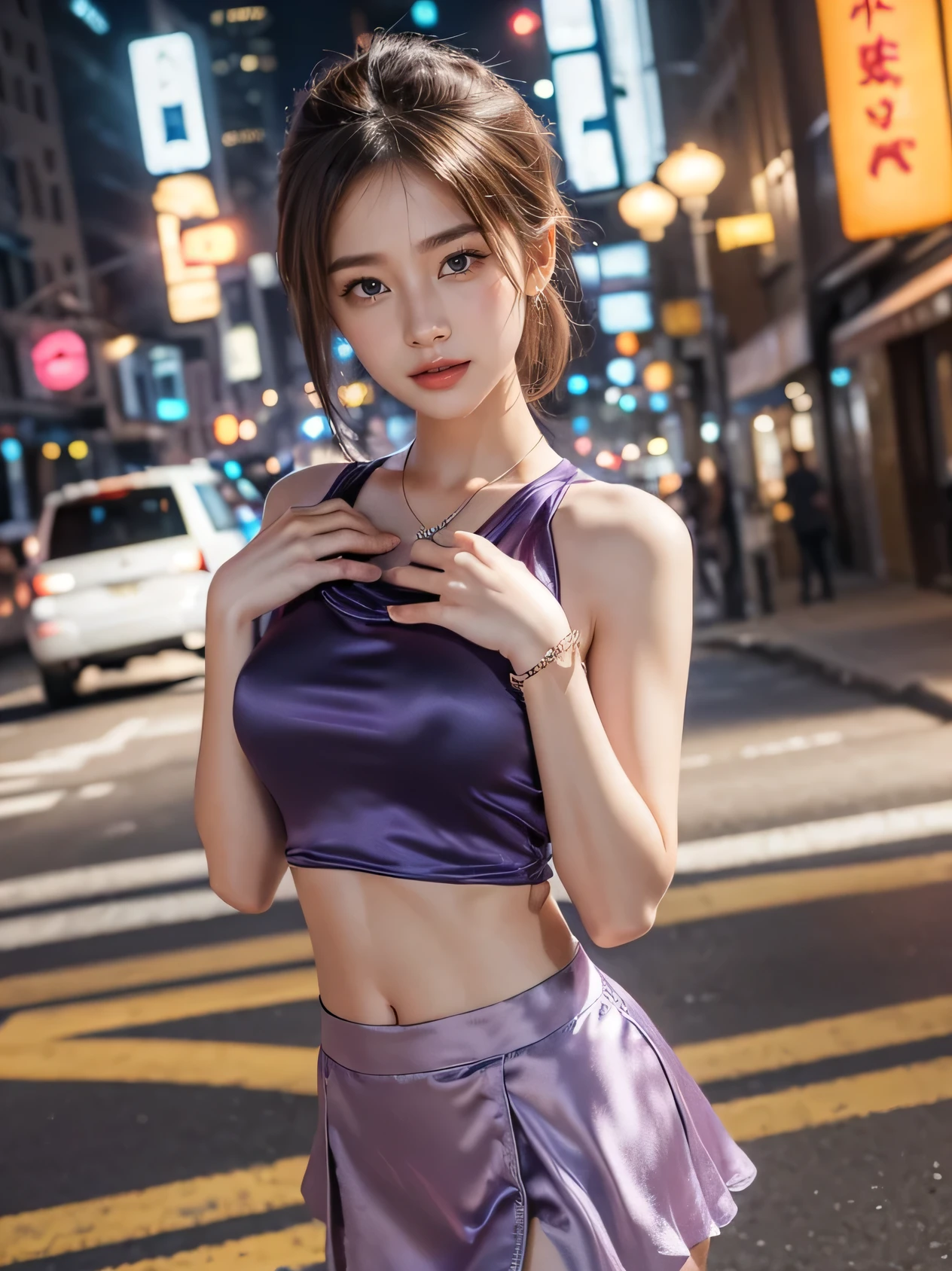 8k, masterpiece, RAW Photos, Highest quality, Realistic, Very detailed CG Unity 8k wallpaper, Depth of written boundary, Cinematic Light, Lens flare, Ray Tracing, (Very beautiful face, Beautiful Lips, Beautiful Eyes), Exquisitely detailed face, ((Very detailed肌)) One girl, ((Beautiful violet silk satin T-shirt )), ((Beautiful violet above-the-knee skirt in silk satin)), In the Dark, Deep Shadow, Cute Korean Girl, K-Pop Idols, 1 Girl, (Very slim slender fit-muscled body:1.3), ((View your viewers)),(Big smile:1.3), (Fashion City Night, Dark Night, (Neon Signs), (Blurred Background), Fashion Street Night),(No people in the background:1.3), Beautiful earrings, bracelet, necklace, pantyhose, Clear Eyes, (Pale skin), (Big eyes), Look forward, ((Upper Body Shot)), (View your viewers:1.3) Very slim, Medium chest, (Ultra-realistic, Staring at the audience), (High resolution), (8k), (Very detailed), (Brown Hair, short hair), (Showing your belly button), (The body is slim)